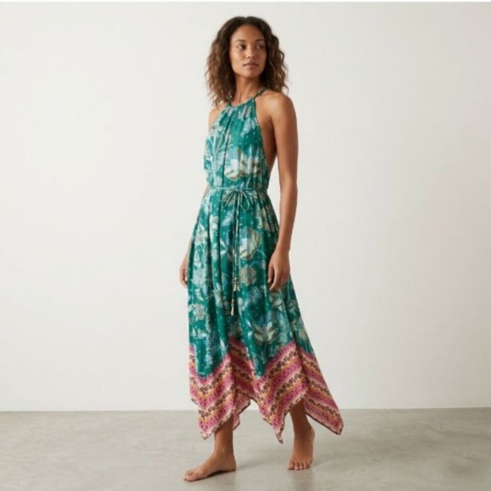 Sundance Green Floral Halter Handkerchief Maxi Dress Boho Beach Vacation Medium